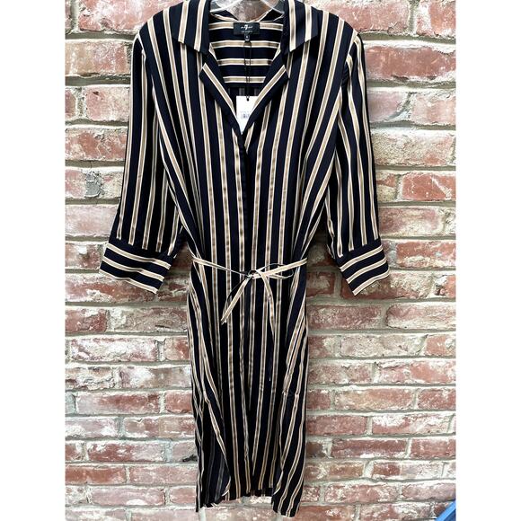 NWT 7 For All Mankind Button Front Shirt Dress,‎ Black Striped Midi Small Belted - Picture 2 of 6